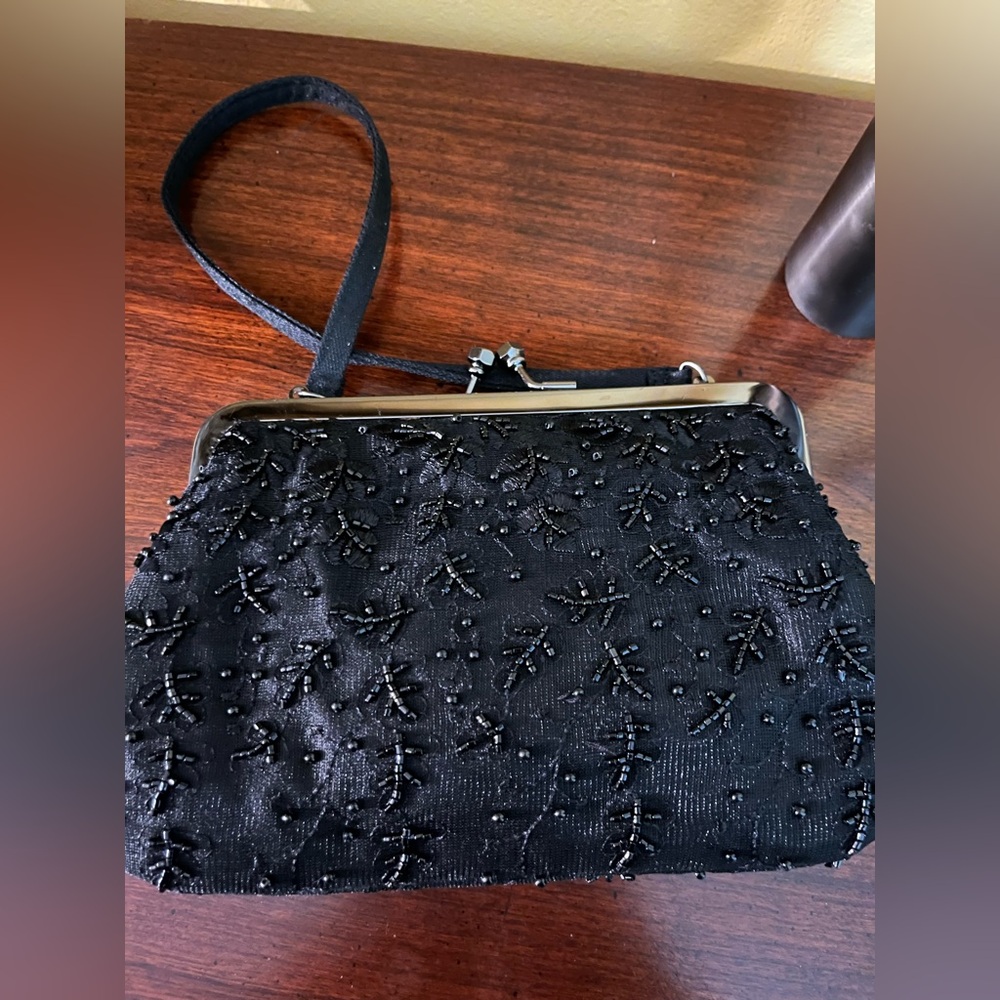 Sasha  Black Beaded Crossbody/Clutch. Kiss Lock Closure.